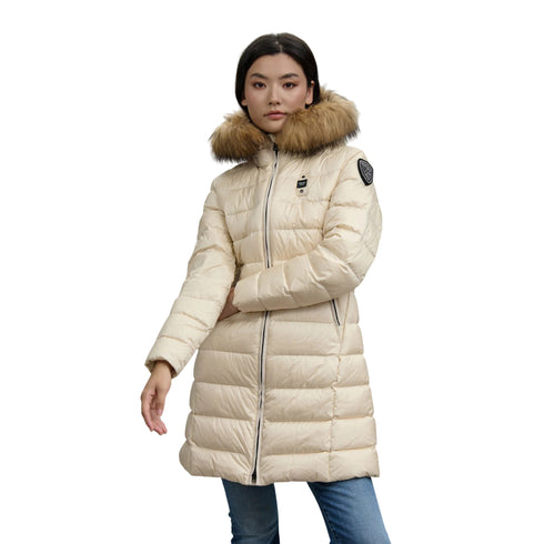 Piumino Donna Camelia lungo, con pelliccia rimovibile e patch log